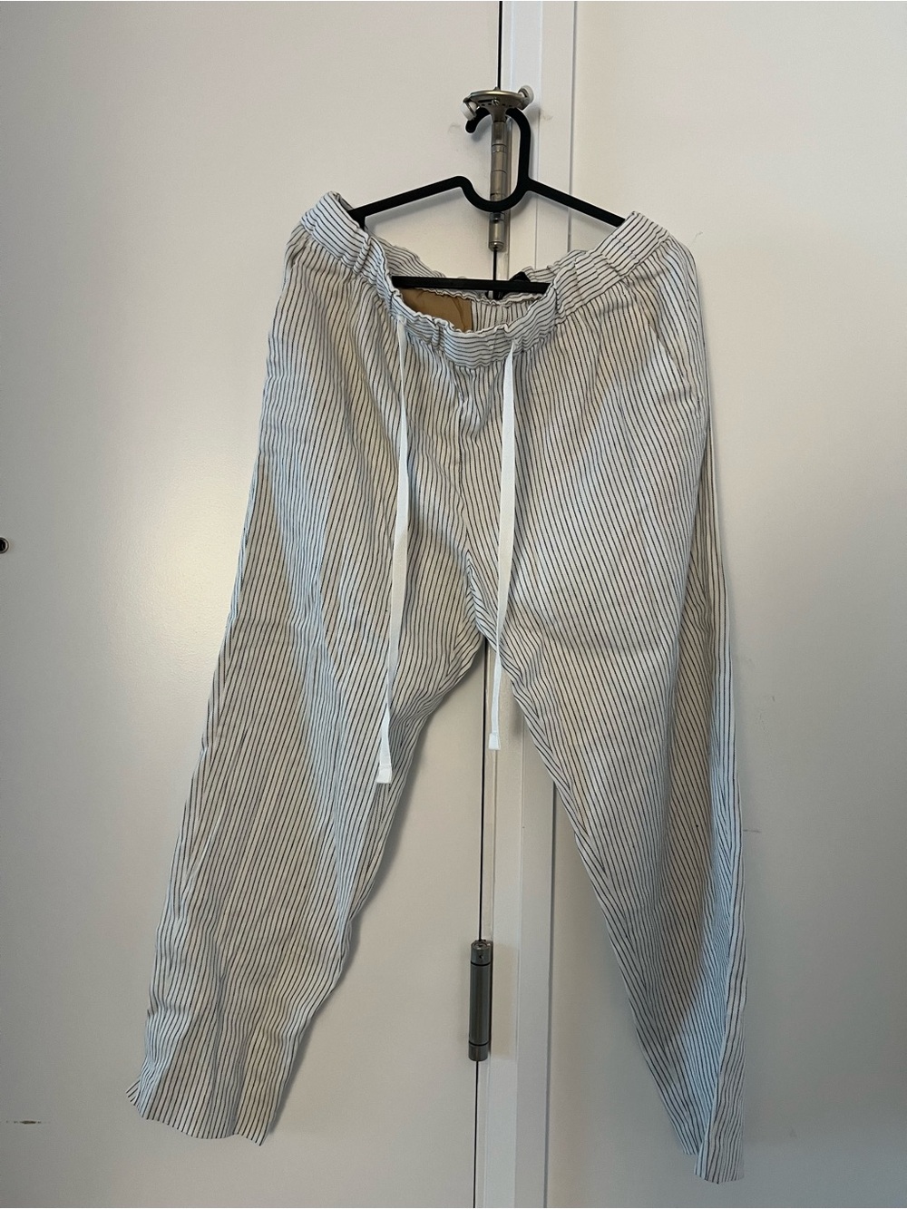 Striped Drawstring Pants - White and Light Gray - Size M